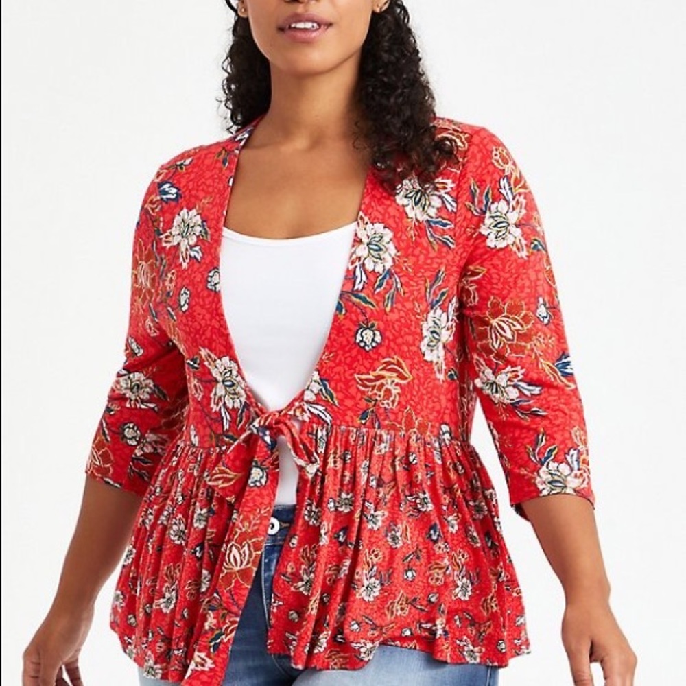 Torrid BABYDOLL JACKET - CREPE FLORAL RED front tie soft blouse top